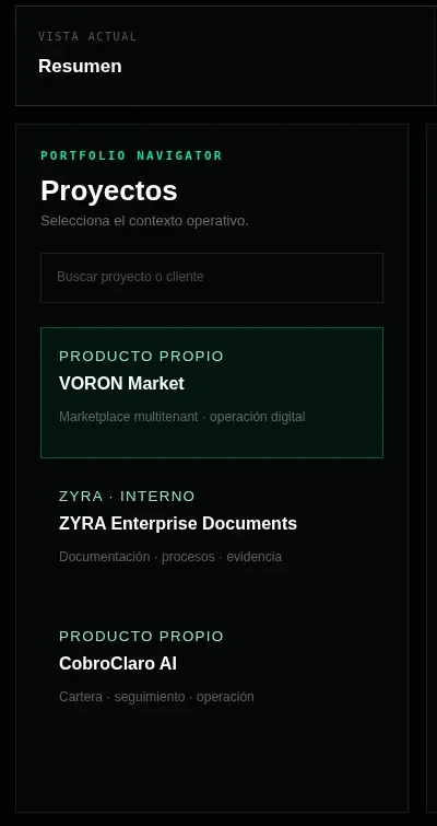 Detalle del navegador de proyectos de ZYRA Ops con proyectos internos y productos propios.
